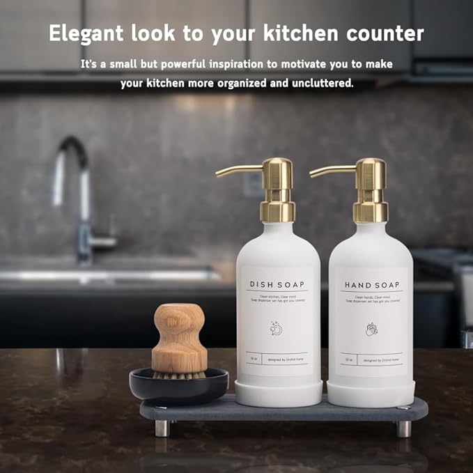 [Luxury] Kitchen Soap Dispenser Set - 16OZ White Glass Bottle, Stainless Steel Pump, Instant Dry Tray, Waterproof Labels, Non-Slip Silicone Pad, and Dish Brush | Upgrade for Your Kitchen and Bathroom - Image 4