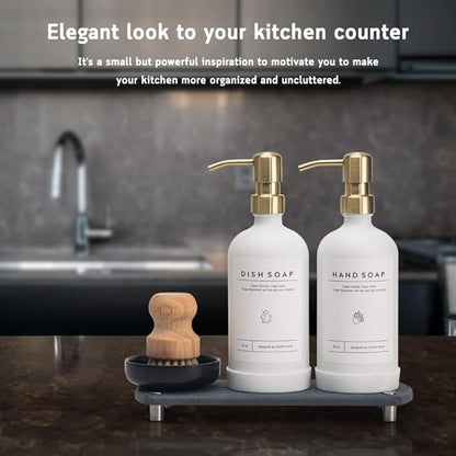[Luxury] Kitchen Soap Dispenser Set - 16OZ White Glass Bottle, Stainless Steel Pump, Instant Dry Tray, Waterproof Labels, Non-Slip Silicone Pad, and Dish Brush | Upgrade for Your Kitchen and Bathroom - Image 4