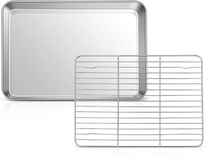 10.4 Inch Baking Sheet Pan with Rack Set, Joyfair Stainless Steel Toaster Oven Pans Tray & Cooling Racks for Cookie/Jelly Roll/Bacon/Meat, Commercial Metal & Rust-free, Dishwasher Safe by Joyfair