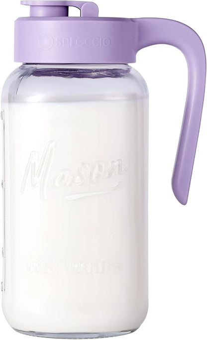 Mason Jar Pitcher - Airtight & Leakproof Glass Pitcher with Lid, Perfect for Breastmilk, Cold Brew, and Sun Tea, 2 Quart (64 oz) Mason Jar with Pour Spout Lid by spreccio