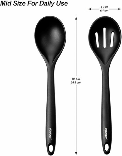 Silicone Spoons for Cooking - Kitchen Spoons for Mixing, Serving, & Stirring - 600°F Heat-Resistant Non Stick Utensils Ladle & Skimmer- Dishwasher Safe, Black,10.3IN