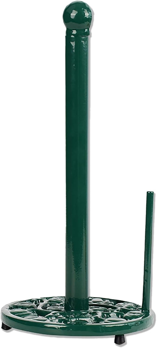 Green Cast Iron Paper Towel Holder for Kitchen Countertop - Vintage Pumpkin Pattern Standing Dispenser with Heavy Weighted Base, Farmhouse Decor, Fits Jumbo Rolls, One-Handed Tear