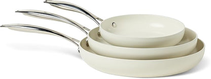 Amazon Basics Ceramic Nonstick Cookware, 3-Piece Frying Pan Set, All Cooktop Induction Compatible, Dishwasher-Safe, Oven-Safe, Ivory by AmazonBasics