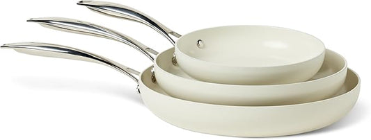 Amazon Basics Ceramic Nonstick Cookware, 3-Piece Frying Pan Set, All Cooktop Induction Compatible, Dishwasher-Safe, Oven-Safe, Ivory by AmazonBasics