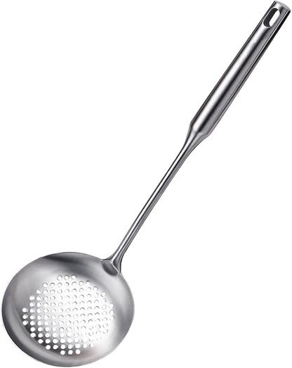 Slotted Spoon, Stainless Steel Strainer Metal Skimmer Spoon for Cooking, Long Handle Food Strainer, Kitchen Utensil Large Fryer Scoop with Holes for Draining Stirring Serving Frying