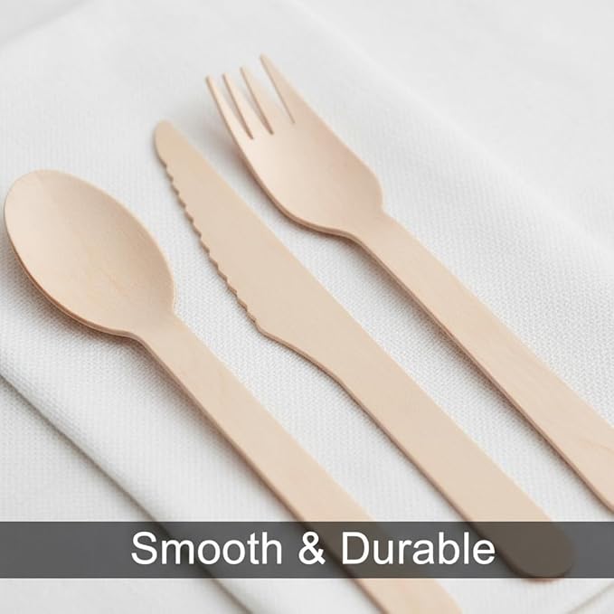 100% Compostable Cutlery Set - 150 Pieces Wooden Compostable Utensils [50 Forks, Knives, Spoons] - Disposable Wooden Cutlery, Eco Friendly Forks & Spoons Set Party Utensils - Image 2