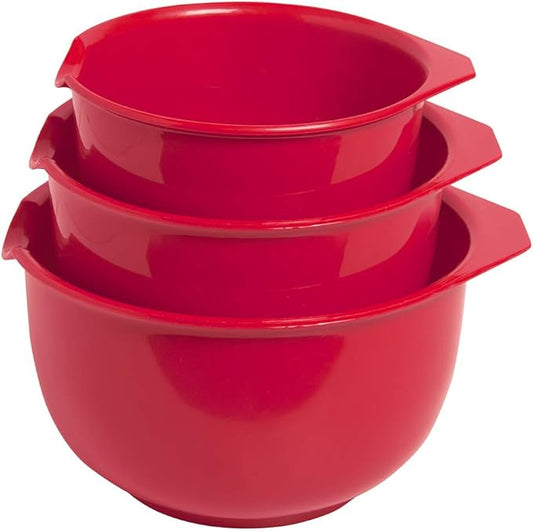 Glad Mixing Bowls with Pour Spout, Set of 3 | Nesting Design Saves Space | Non-Slip, BPA Free, Dishwasher Safe Plastic | Kitchen Cooking and Baking Supplies, Red by GladTrashFoodStorage