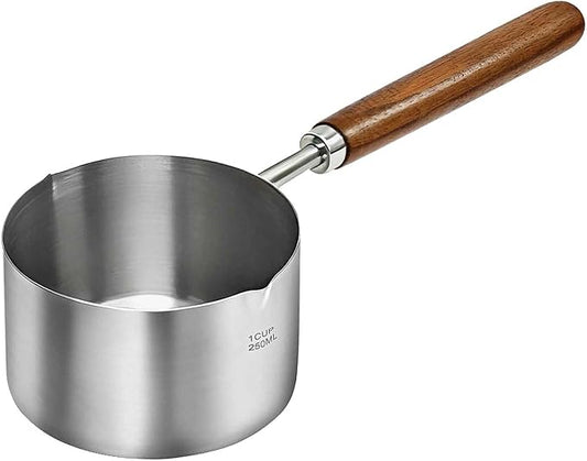 Mini Sauce Pan 250ml, Stainless Steel Butter Warmer with Wooden Handle and Dual Pour Spouts, Small Milk Pan for Melting Butter, Heating Milk, Coffee, Sauce, Chocolate
