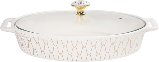 10" x 7" Ceramic Oval Casserole Dish with Glass Lid, 30 Ounce Serving Soup Tureen,Chafing Dish for Buffet, Family Food preserve Tray, Catering Casserole for Party Style