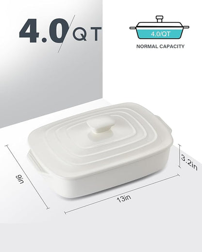 Large Ceramic Casserole Dish with Lid, 4.0 Quart Covered Rectangular Stoneware Baking Dishes for Oven, Deep 9x13 Inch Lasagna Pans for Baking and Serving, Perfect for Christmas Gifts, White - Image 3