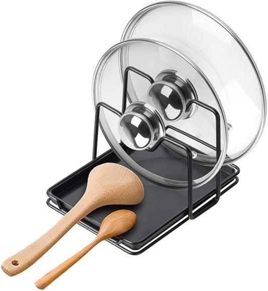 Poeland Pot Lid Holder, 2 Layers Pot Lids Organizer Multifunctional Lid and Spoon Rest Rack with Drip Tray for Lids, Spatulas, Spoons, Cutting Boards