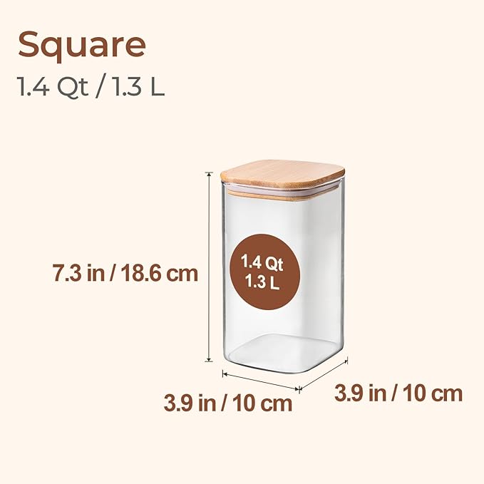 ComSaf 1.4 Qt Glass Storage Containers with Lids, Glass Jars with Lids, Clear Food Storage Jar, Square Canister Set of 3, Pantry Organizers and Storage for Flour Oat Pasta Tea Cookie Coffee Bean - Image 2