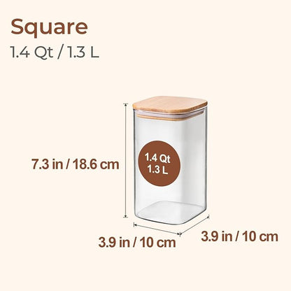 ComSaf 1.4 Qt Glass Storage Containers with Lids, Glass Jars with Lids, Clear Food Storage Jar, Square Canister Set of 3, Pantry Organizers and Storage for Flour Oat Pasta Tea Cookie Coffee Bean - Image 2