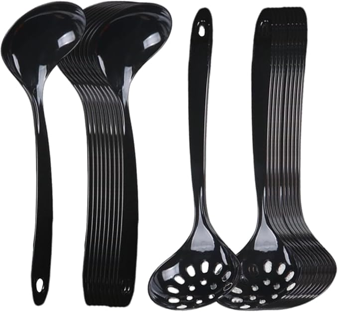 Large Plastic Serving Spoons,Disposable Heavy Duty Serving Spoons,Long Handle Scoop Soup Rice Ladle for Party Catering Buffet Restaurant,20 Pieces (10 Black Colander +10 Black Spoon) by OULIGET