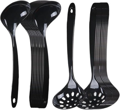 Large Plastic Serving Spoons,Disposable Heavy Duty Serving Spoons,Long Handle Scoop Soup Rice Ladle for Party Catering Buffet Restaurant,20 Pieces (10 Black Colander +10 Black Spoon) by OULIGET