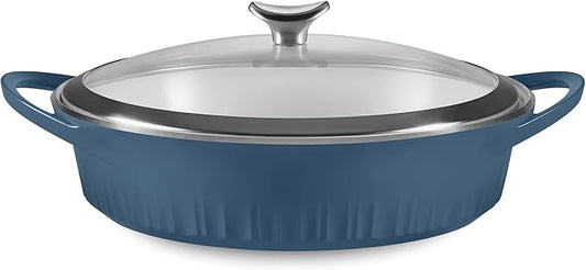 CorningWare QuickHeat 4-QT Cast Aluminum Braiser With Lid, Nonstick Ceramic Interior, Lightweight and Fast Even Heat Baking & Cooking, For Meats, Soup, Browning, Searing, French Navy