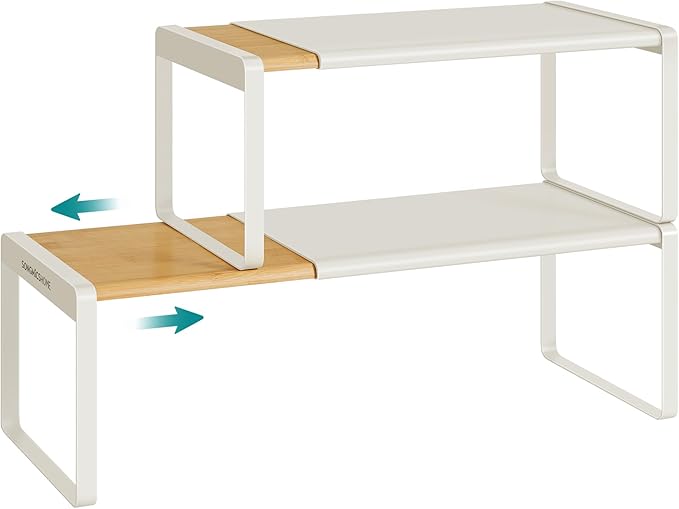 SONGMICS HOME Spice Racks, Expandable Cupboard Shelf Orgnizers, Kitchen Counter Shelves, Bamboo and Metal, Space-Saving Shelving, Stackable, Light Bamboo and Cream White UKCS051N01 by SONGMICSHOME
