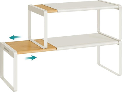SONGMICS HOME Spice Racks, Expandable Cupboard Shelf Orgnizers, Kitchen Counter Shelves, Bamboo and Metal, Space-Saving Shelving, Stackable, Light Bamboo and Cream White UKCS051N01 by SONGMICSHOME