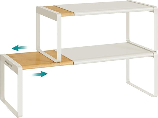 SONGMICS HOME Spice Racks, Expandable Cupboard Shelf Orgnizers, Kitchen Counter Shelves, Bamboo and Metal, Space-Saving Shelving, Stackable, Light Bamboo and Cream White UKCS051N01 by SONGMICSHOME