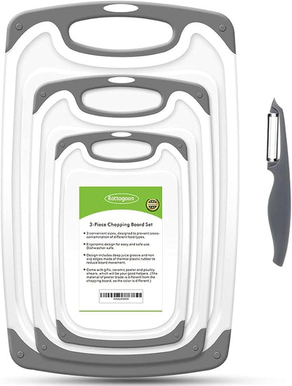 Cutting Boards for Kitchen, Plastic Chopping Board Set of 4 with Non-Slip Feet and Deep Drip Juice Groove, Easy Grip Handle, Dishwasher Safe, gray by ROTTOGOON