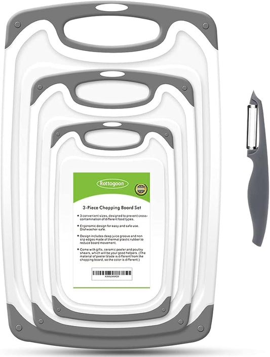 Cutting Boards for Kitchen, Plastic Chopping Board Set of 4 with Non-Slip Feet and Deep Drip Juice Groove, Easy Grip Handle, Dishwasher Safe, gray by ROTTOGOON