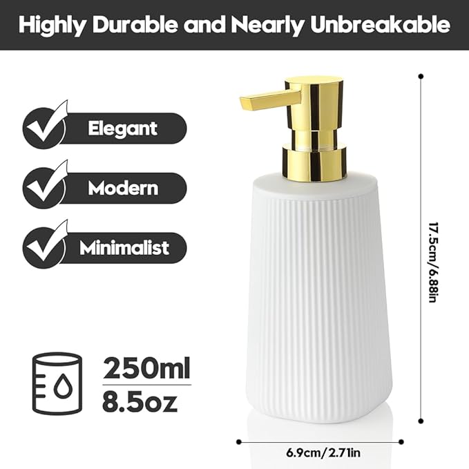 Small Soap Dispenser for Bathroom and Kitchen, Modern Farmhouse Striped Style Plastic Hand Soap Dish Soap Dispenser with Pump Matte White and Gold - Image 3