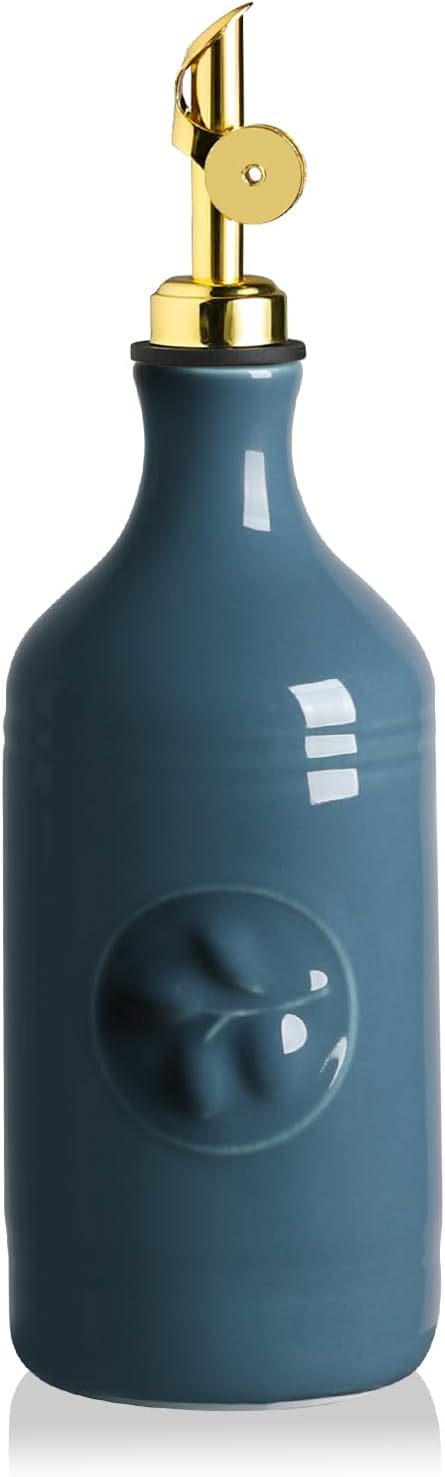 Sweejar 16 Oz Ceramic Olive Oil Dispenser Bottle, Oil Dispenser for Kitchen with Gravity Spout, Relief Opaque Oil Container for Evoo, Avocado Oil, Vinegar, Soy Sauce, 1 Pack(Fog Blue, Gold Spout) by Sweejarco1949