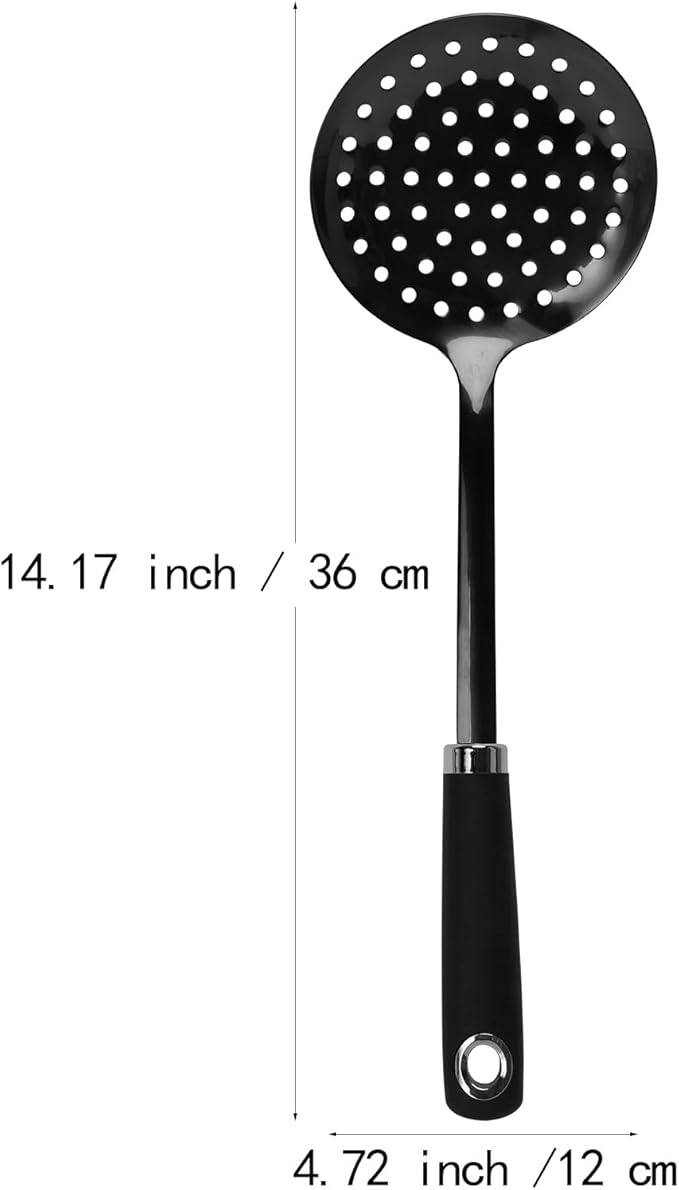 304 Stainless Steel Skimmer Spoon, 14.17" Slotted Strainer Spoon for Frying, Boiling, Pasta, Dumplings and Vegetables, Long Handle Kitchen Cooking Utensil, Dishwasher Safe, Black