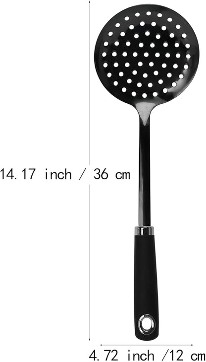 304 Stainless Steel Skimmer Spoon, 14.17" Slotted Strainer Spoon for Frying, Boiling, Pasta, Dumplings and Vegetables, Long Handle Kitchen Cooking Utensil, Dishwasher Safe, Black