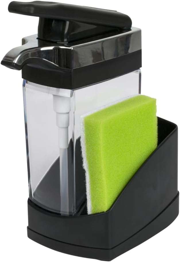 Casabella Sink Sider Solo Kitchen Soap Pump and Sponge Caddy, Black/Chrome - 2-in-1 Soap and Sponge Caddy, One-Hand Soap Dispensing, Ergonomic Design, Easy to Refill and Clean, Efficient Size by Casabella