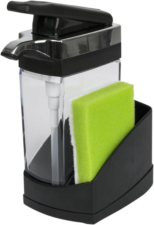 Casabella Sink Sider Solo Kitchen Soap Pump and Sponge Caddy, Black/Chrome - 2-in-1 Soap and Sponge Caddy, One-Hand Soap Dispensing, Ergonomic Design, Easy to Refill and Clean, Efficient Size by Casabella