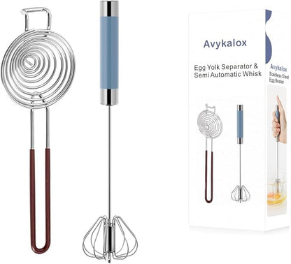 Semi Automatic Whisk & Egg Yolk Separator, Stainless Steel Mini Hand Push Whisk, Hand Mixer Egg Beater Wisking Tool & Egg Separator for Raw Eggs Set, for Cooking, Baking