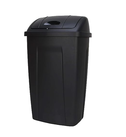 13 Gallon Kitchen Trash Can, Black Swing Top Garbage Bin, Durable Plastic Waste Bin for Home Bathroom Office Bedroom Use