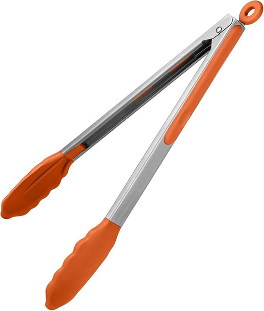 600ºF Heat Resistant Kitchen Tongs: U-Taste 12 inch Large Silicone Cooking Tong with Sturdy Non Stick Rubber Tips & Silicon Coated 18/8 Stainless Steel Handle & Smooth Locking for Serving Grill-Orange by U-Taste