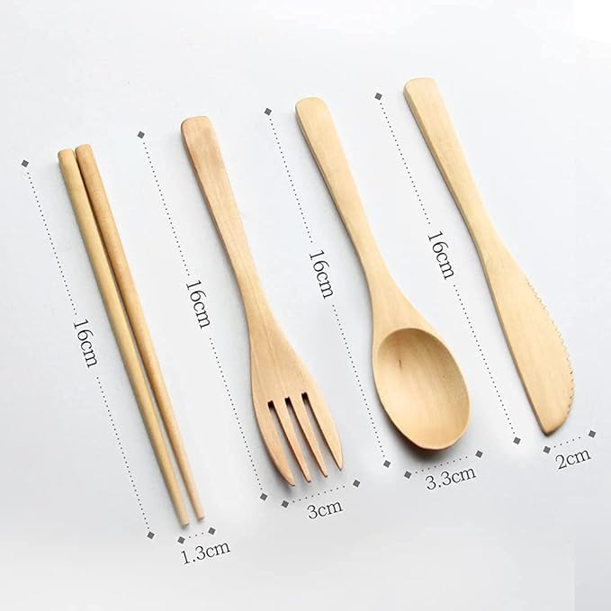Wooden Cutlery Set Portable, Wooden Flatware,4 Piece Pack of Wooden Utensils Sets with Reusable Wood Spoon Chopsticks Fork Knife Cutlery Set for Travel and Camping - Image 6