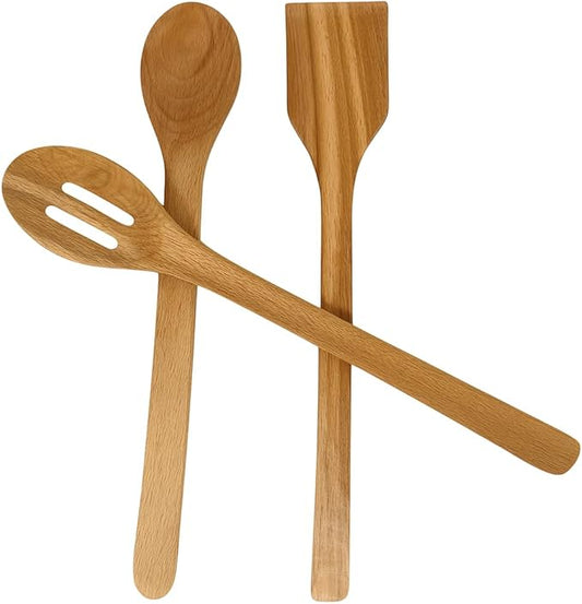 3-Piece Wooden Cooking Spoon Set – Natural Teak Wood Utensils for Nonstick Cookware, Includes Solid Spoon, Slotted Spoon, and Spatula – Durable, Heat-Resistant Kitchen Tools