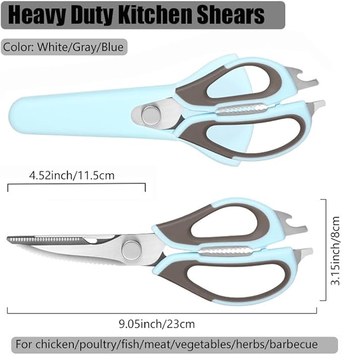 2 Pcs Heavy Duty Kitchen Shears for Food, Come Apart Design, Kitchen Scissors with Magnetic Holder, Stainless Steel Multi-function Food Cooking Magnetic Scissors for Fridge (White and Blue)