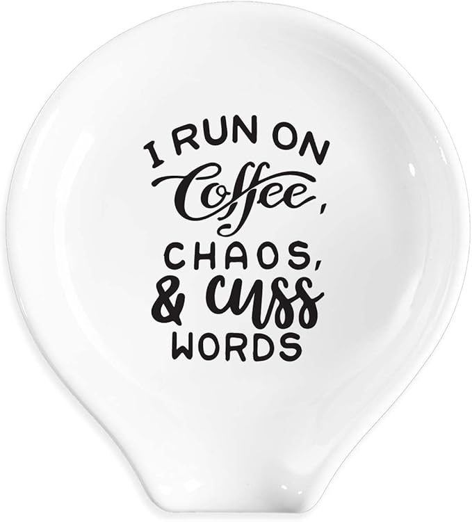 Funny Coffee Spoon Holder-Coffee Spoon Rest-Cafe Bar Station Accessories-I Run On Coffee Chaos And Cuss Words Sign