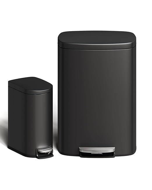 GarveeHome 13 Gal & 2.6 Gal Trash Can Combo Set, Kitchen Trash Can and Bathroom Trash Bin with Lid, Step-On Rustproof Garbage Bin with Inner Bucket, Black by GarveeHome