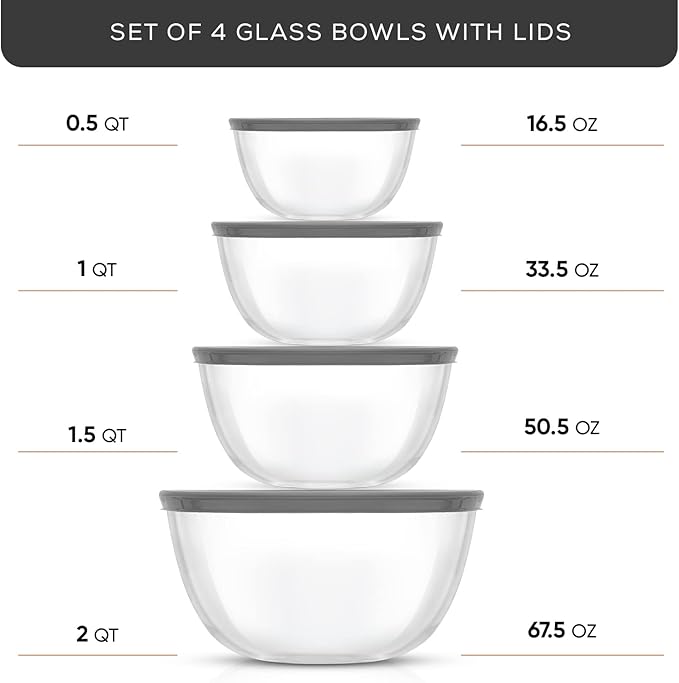 JoyJolt Kitchen Mixing Bowls - 8pc Glass with Lids Set – Neat Nesting Large Bowl Batter Cooking Storage and Big Salad BPA-Free Gray - Image 2