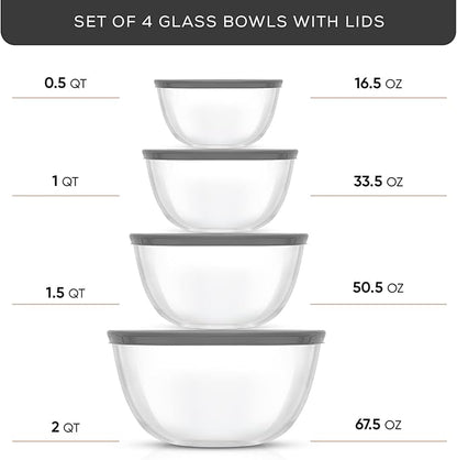 JoyJolt Kitchen Mixing Bowls - 8pc Glass with Lids Set – Neat Nesting Large Bowl Batter Cooking Storage and Big Salad BPA-Free Gray - Image 2