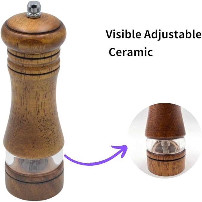 Classic Salt and Pepper Grinder Set,Refillable Salt and Pepper Mills,Manual Oak Wood Salt Grinder,Pepper Grinder,Visible Adjustable Ceramic Grinding Rotor,2 Packs Set,6.5 Inch Each