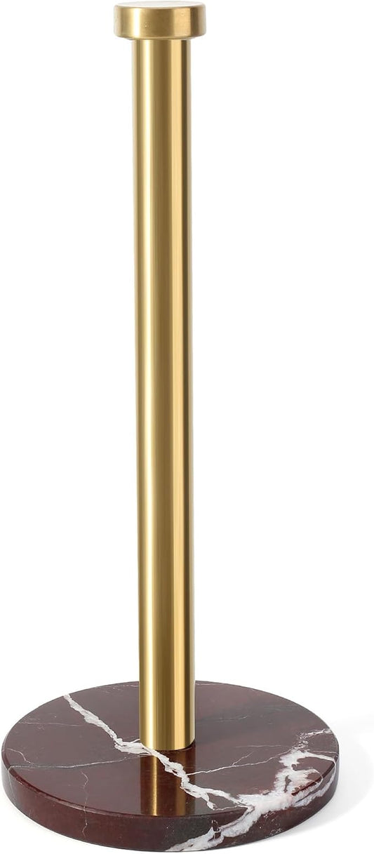 Koville Paper Towel Holder Countertop, Standing Paper Roll Holder with 6" Weighted Marble Base, Stone Paper Towel Holder with Gold Stainless Steel Rod for Kitchen Bathroom (Red)
