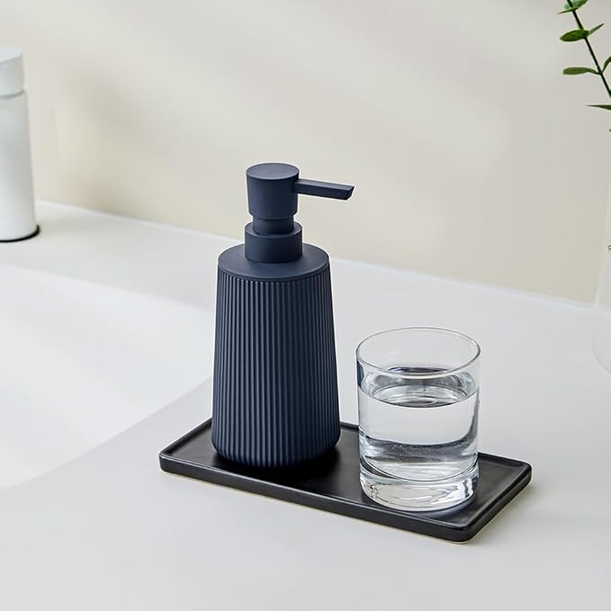 Small Soap Dispenser for Bathroom and Kitchen, Modern Farmhouse Striped Style Plastic Hand Soap Dish Soap Dispenser with Pump Matte Blue - Image 2