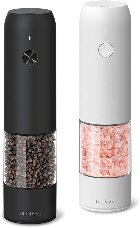 Ultrean Pepper Grinder, Rechargeable Salt and Pepper Grinder Set with 6 Adjustable Coarseness, LED Light, Automatic Grinder for Kitchen, House Warming Gifts New Home, White&Black by Ultrean