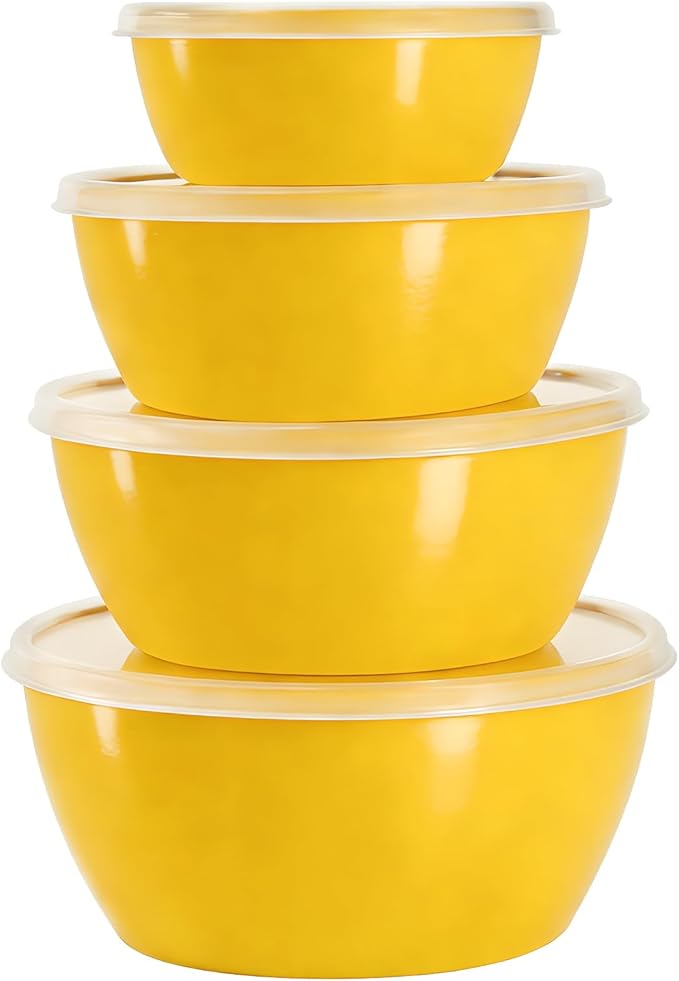 4-Piece Classic Plastic Prep Bowls with Lids, Nesting Plastic Small Mixing Bowl Set for Mixing, Baking, Prepping, Cooking and Serving Food, Microwave and Dishwasher Safe (Yellow) by SCWBOEII