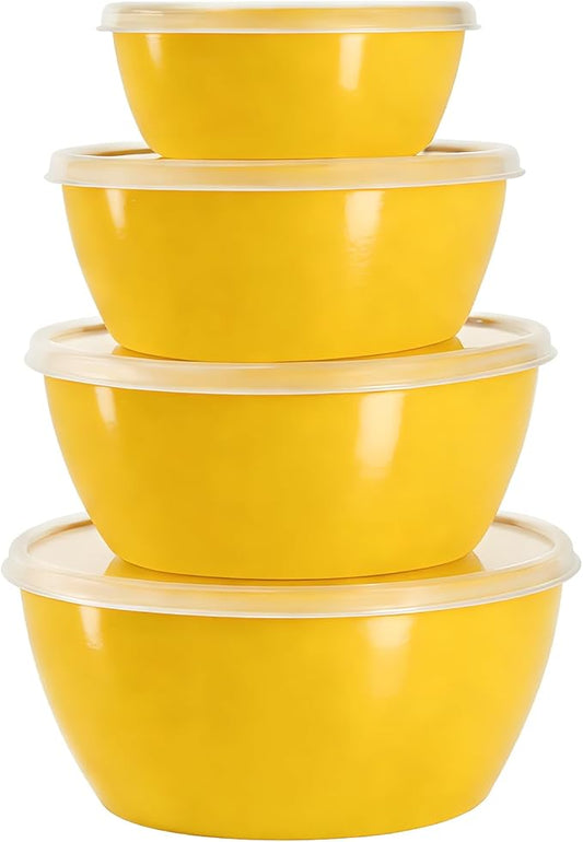 4-Piece Classic Plastic Prep Bowls with Lids, Nesting Plastic Small Mixing Bowl Set for Mixing, Baking, Prepping, Cooking and Serving Food, Microwave and Dishwasher Safe (Yellow) by SCWBOEII