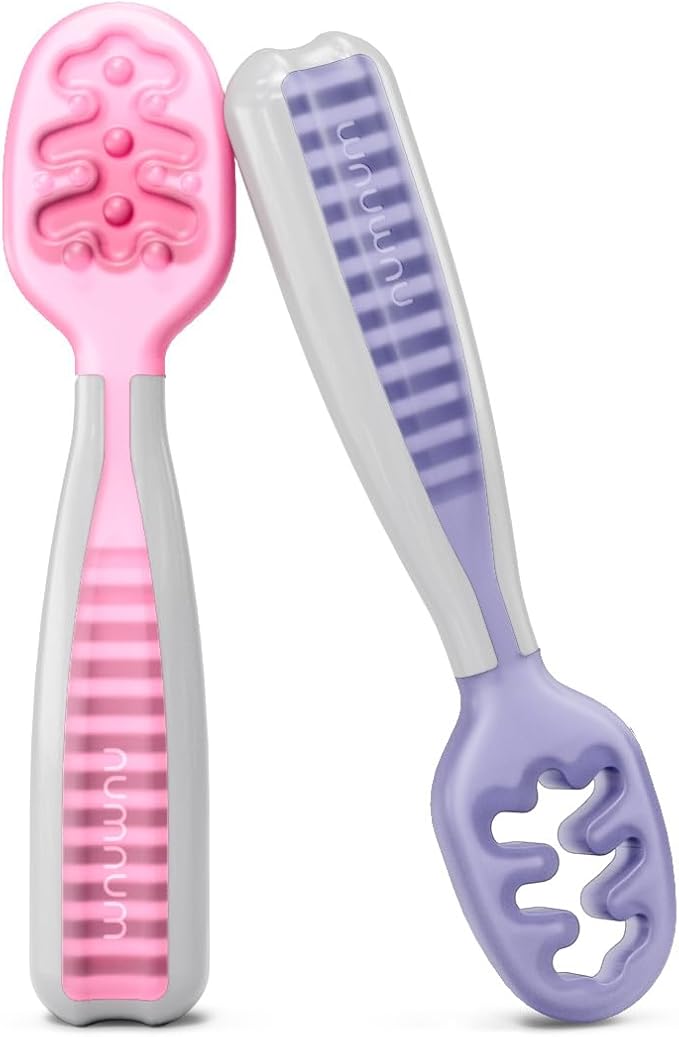 NumNum Baby Spoons Set, Baby Essentials Pre-Spoon GOOtensils for 6+ Months, First Stage Self-Feeding Spoons for Baby Led Weaning (BLW), Silicone Toddler Utensils, BPA-Free, 2 Pack Frosty Lilac/Rosebud by NumNum
