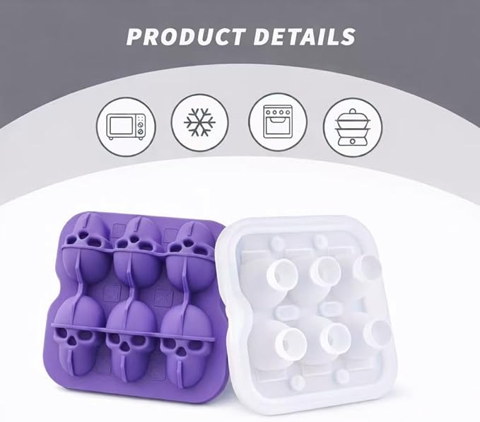 Skull Ice Cube Mold, 6-Cavity Silicone Ice Tray for Whiskey, Cocktails, and Beverages, Food-Grade Flexible Ice Maker for Halloween & Party Drinks, Easy Release & Dishwasher Safe (Purple)