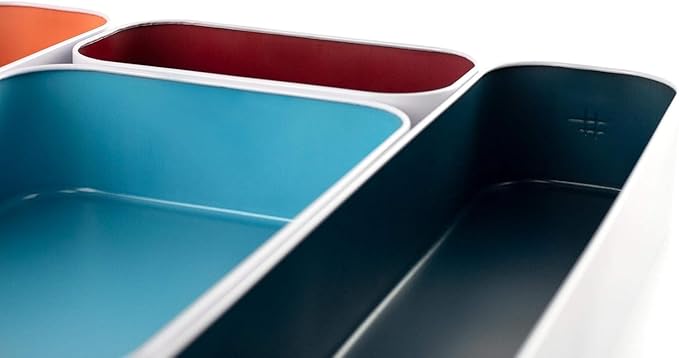 Three by Three Seattle 5 Piece Metal Organizer Tray Set for Storing Makeup, Stationery, Utensils, and More in Office Desk, Kitchen and Bathroom Drawers (2 Inch, Assorted Blue Berry and Sunset) - Image 4